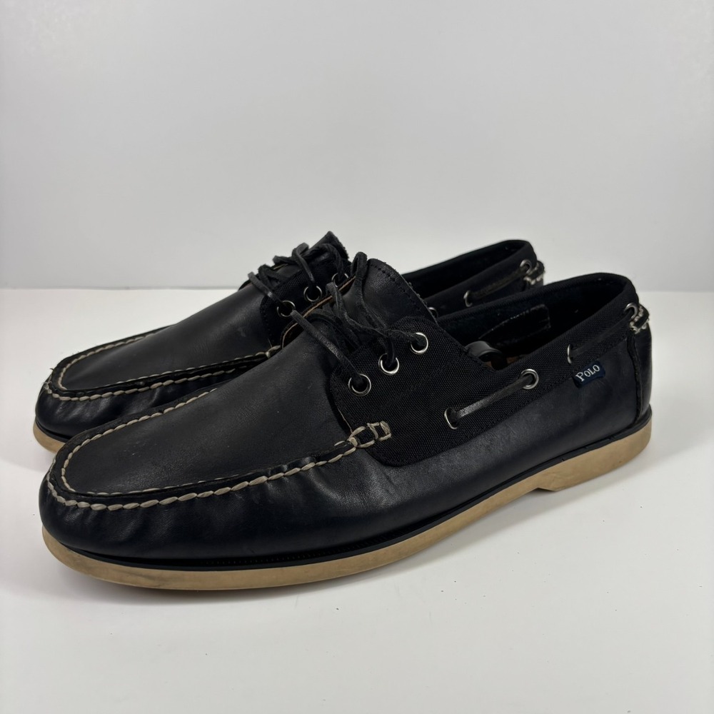 Polo Ralph Lauren Bienne II Men's US 11D Black Leather 3-Eye Boat‎ Deck Shoes